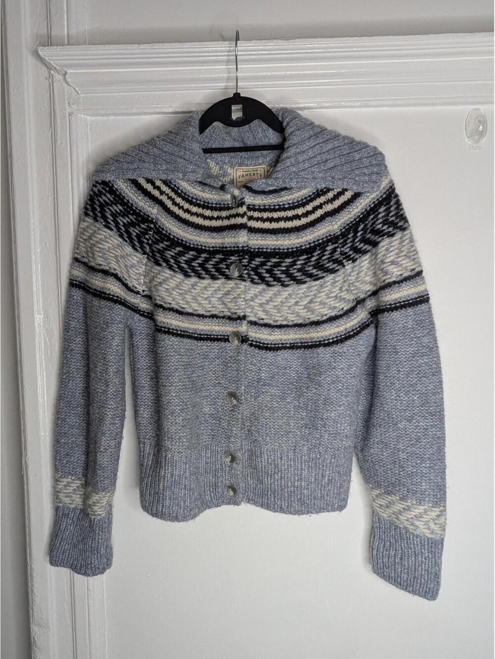 Faherty Sweater Cardigan Womens Small Blue Fair Isle Alpaca Shawl Collar Knit